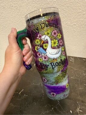 Easily Distracted by Books Goose Purple Green Glitter Tumbler Cup 30oz Handle